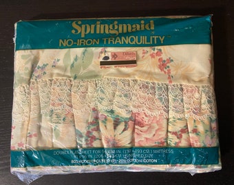 Vintage 1980s Springmaid No-Iron Tranquility Full Flat Sheet in Package -- &quot;Conservatory&quot; Pattern -- Large Floral Print with Ruffles & Lace