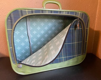 Vintage Grasshopper Soft-side Suitcase -- Blue and Green Plaid with Green Vinyl Trim. Smooth Zipper! Super-cute!