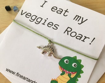 Dinosaur Wish Bracelet,  Cute dinosaur charm, humour message I eat my veggies roar!  Funny bracelet gift