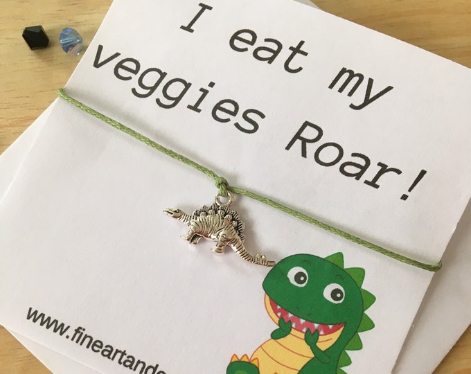 Dinosaur Wish Bracelet,  Cute dinosaur charm, humour message I eat my veggies roar!  Funny bracelet gift