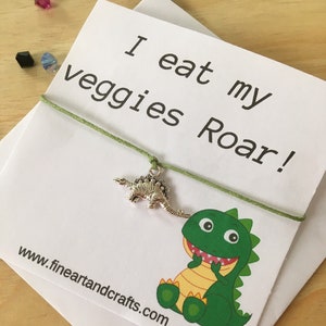 Dinosaur Wish Bracelet,  Cute dinosaur charm, humour message I eat my veggies roar!  Funny bracelet gift