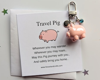 Travel gift, pig, keychain, handmade personalised bag charm, birthday gift idea for a friend ,lucky charm, porcelain