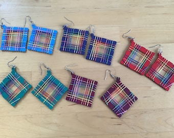 Hand painted embroidered wooden earrings, light weight dangle earrings, wood earrings, summer earrings, fabulous colours