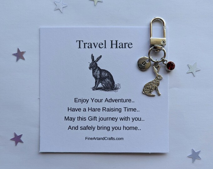 Travel hare, hare keychain, travel gift, personalised bag charm, birthday gift idea for a friend, good luck charm, hare raising adventure
