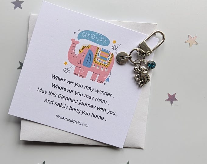 Good luck gift, Travel elephant, silver plated Elephant keychain, travel gift, personalised, elephant bag charm, birthday gift idea