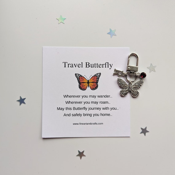 Travel butterfly, Butterfly keychain, Butterfly keyring, personalised, butterfly bag charm, birthday gift idea for a friend, good luck charm