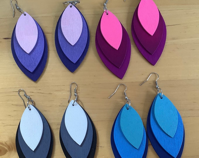 Hand painted wooden earrings, light weight dangle earrings, wood earrings, summer earrings, fabulous colours