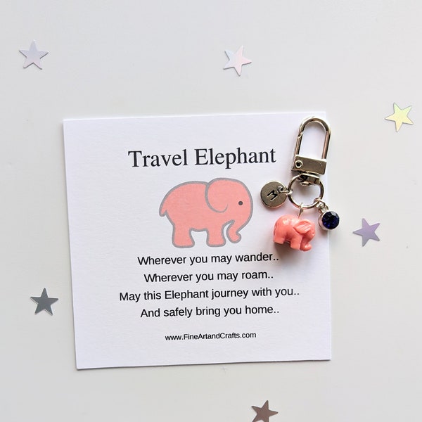 Pink Travel elephant keychain, elephant keyring, good luck charm, personalised, elephant bag charm, birthday gift idea for a friend