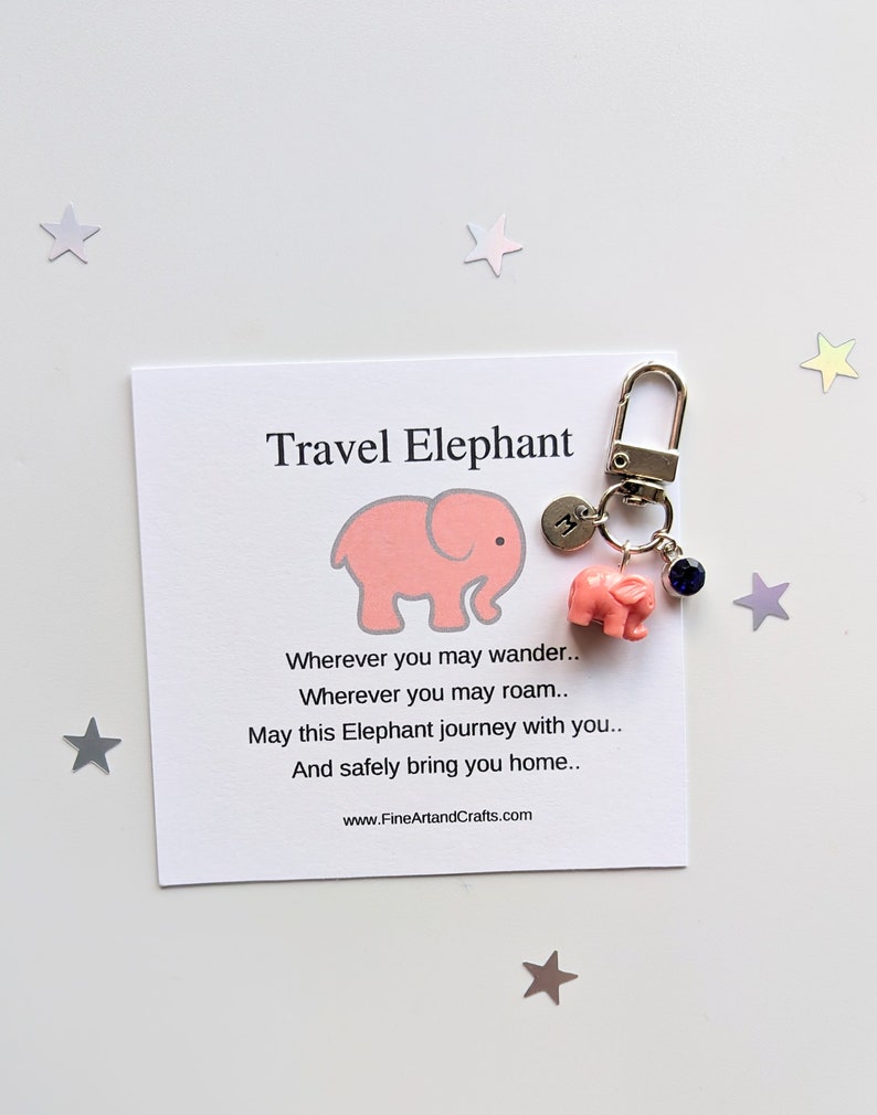 Pink Travel elephant keychain, elephant keyring, good luck charm, personalised, elephant bag charm, birthday gift idea for a friend image 1
