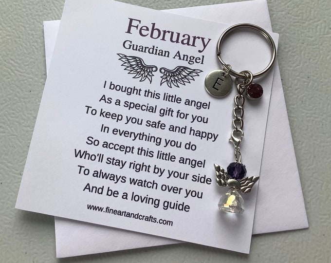 February birthday gift Friend gift, guardian angel gift, protection angel, bag charm, key ring, birthday gift idea, Amethyst gift