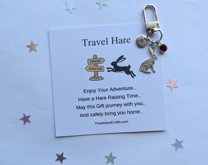 Travel hare, hare keychain, travel gift, personalised bag charm, birthday gift idea for a friend, good luck charm, hare raising adventure