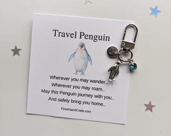 Travel penguin, silver plated penguin keychain, travel gift, personalised, penguin bag charm, birthday gift idea for a friend, good luck