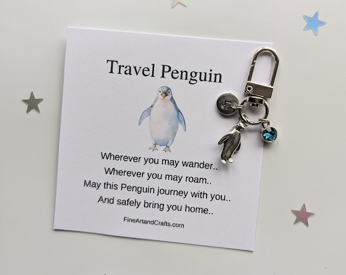 Travel penguin, silver plated penguin keychain, travel gift, personalised, penguin bag charm, birthday gift idea for a friend, good luck