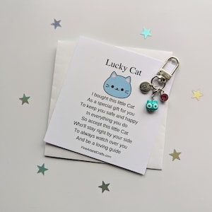Lucky cat keychain, birthday gift idea, cat keyring, good luck charm, personalised, cat bag charm, friendship gift, ceramic cat