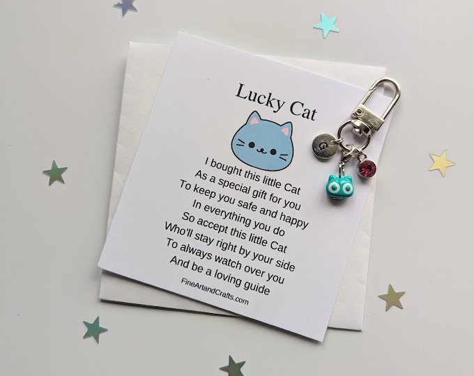 Lucky cat keychain, birthday gift idea, cat keyring, good luck charm, personalised, cat bag charm, friendship gift, ceramic cat
