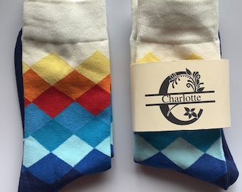 Personalised socks, unisex socks, argyle socks, sock gift, custom label sock, multi coloured sock