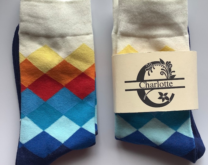Personalised socks, unisex socks, argyle socks, sock gift, custom label sock, multi coloured sock
