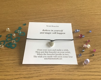 Wish bracelet, motivational message, heart bracelet, heart charm, believe in yourself and magic will happen, gift idea