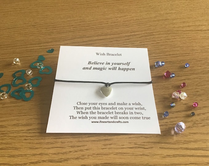Wish bracelet, motivational message, heart bracelet, heart charm, believe in yourself and magic will happen, gift idea