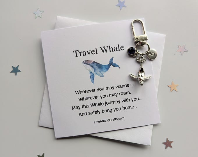 Travel gift, whale keychain, silver metal whale gift, birthday gift idea for a friend, lucky charm, personalised, Travel Whale