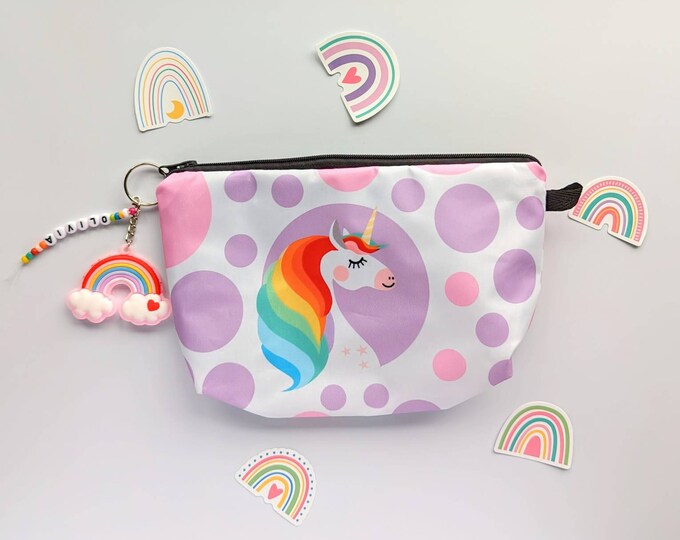 Unicorn make-up bag, girls rainbow cosmetic bag, personalised gift, pencil case, rainbow stickers, unicorn travel accessory
