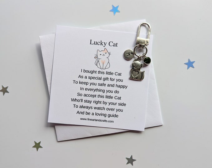 Lucky cat keychain, birthday gift idea, cat keyring, good luck charm, personalised, cat bag charm, friendship gift