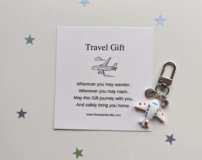 Travel Gift, birthday gift idea for a friend, aeroplane keyring, good luck charm, personalised, Safe travels, aeroplane bag charm