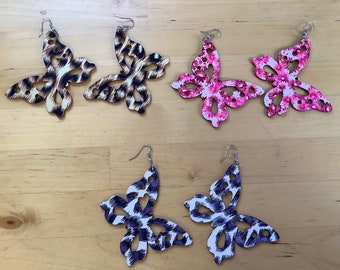 Fabric covered wooden earrings, light weight dangle earrings, wood earrings, summer earrings, fabulous colours, butterfly earrings