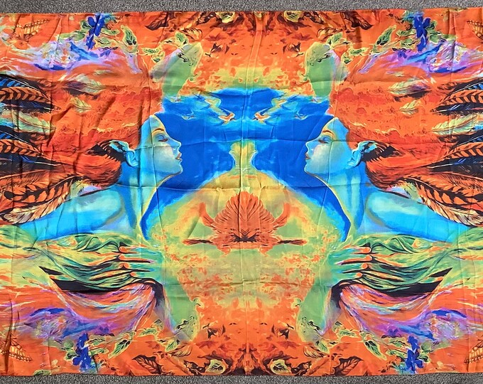 Scarf, orange, polyester silk feel scarf, mermaid design, colourful, long wrap scarf, large shawl