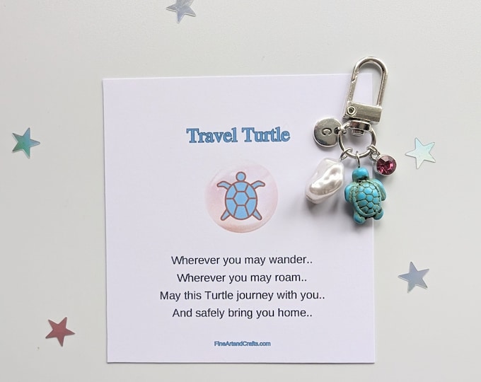 Travel turtle, Turtle keychain,  good luck charm, turtle keyring, personalised gift, turtle bag charm, birthday gift idea, pearl gift