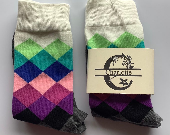 Personalised socks, unisex socks, argyle socks, sock gift, custom label sock, multi coloured sock