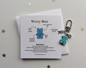 Worry Bear, personalised gift, teddy bear keyring, bear bag charm, birthday gift idea, good luck charm, anxiety gift, gift for a friend