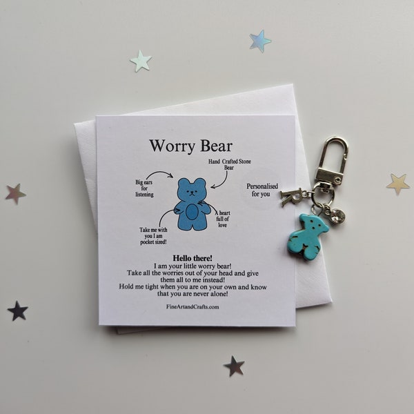 Worry Bear, personalised gift, teddy bear keyring, bear bag charm, birthday gift idea, good luck charm, anxiety gift, gift for a friend