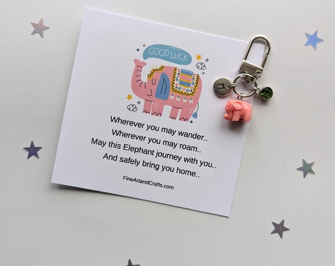Good luck gift, Travel elephant, Pink Elephant keychain, travel gift, personalised, elephant bag charm, birthday gift idea for a friend,