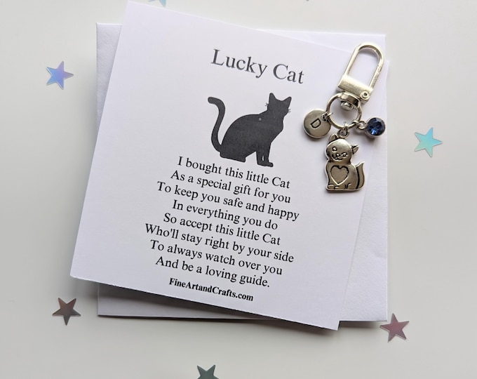 Lucky cat keychain, birthday gift idea, good luck charm, personalised, cat bag charm, friendship gift, cat keyring