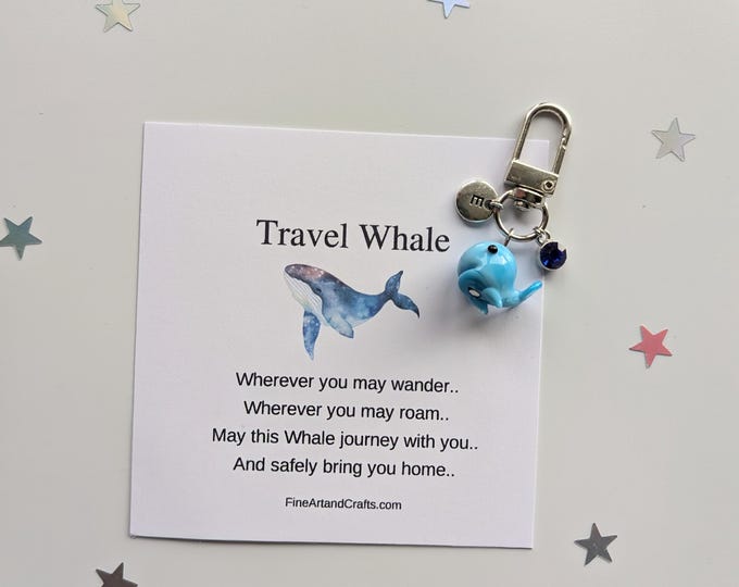 Travel gift, whale keychain, handmade glass blue whale, birthday gift idea for a friend, lucky charm, personalised, Travel Whale