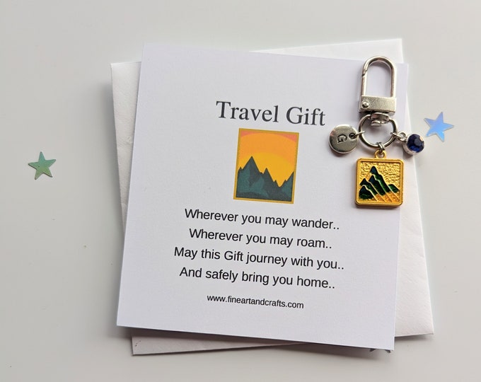 Travel gift, gold mountain range keyring, mountain keychain, handmade personalised bag charm, birthday gift idea for a friend, lucky charm