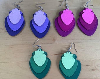 Hand painted wooden earrings, light weight dangle earrings, wood earrings, summer earrings, fabulous colours