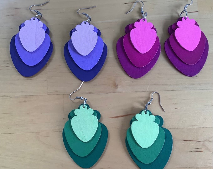 Hand painted wooden earrings, light weight dangle earrings, wood earrings, summer earrings, fabulous colours