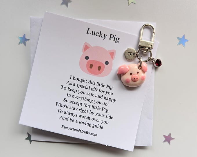 Good Luck Gift, Lucky pig, resin pig keychain, travel gift, personalised, pig bag charm, birthday idea for a friend,