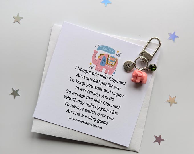 Good luck gift, Lucky elephant keychain, birthday gift idea, elephant keyring, personalised, pink elephant bag charm, friendship gift,