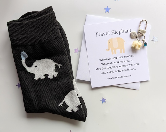 Travel elephant, Cream Elephant keychain, travel gift, personalised, elephant bag charm, birthday gift idea for a friend, travel socks