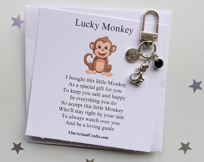 Travel gift, Lucky monkey keychain, birthday gift idea, friend keyring, good luck charm, personalised, monkey bag charm, friendship gift