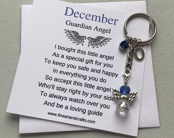 December birthday gift Friend gift, guardian angel gift, protection angel, bag charm, key ring, birthday gift idea, Blue Zircon gift