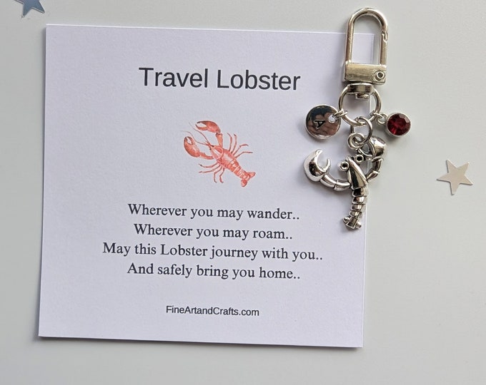 Travel lobster keychain, silver lobster bag charm, personalised, birthday gift idea for a friend, travel gift, good luck charm,
