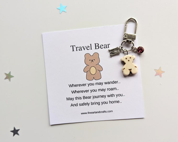 travel bear, personalised gift, bear keychain, teddy bear keyring, bear bag charm, birthday gift idea, good luck charm, teddy bear gift