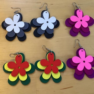 Hand painted wooden earrings, light weight dangle earrings, wood earrings, summer earrings, fabulous colours, flower earrings