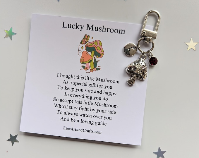 Good Luck Gift, Lucky mushroom, silver plated mushroom keychain, travel gift, personalised, mushroom bag charm, birthday idea for a friend,