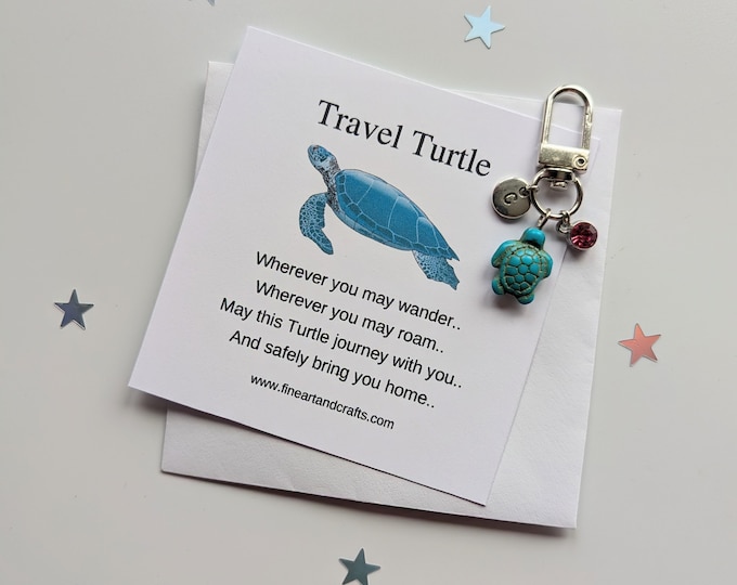Travel turtle, turtle keyring, personalised gift,  turtle keychain, turtle bag charm, birthday gift idea for a friend, good luck charm