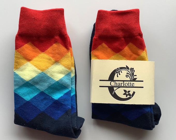 Personalised socks, unisex socks, argyle socks, sock gift, custom label sock, multi coloured sock